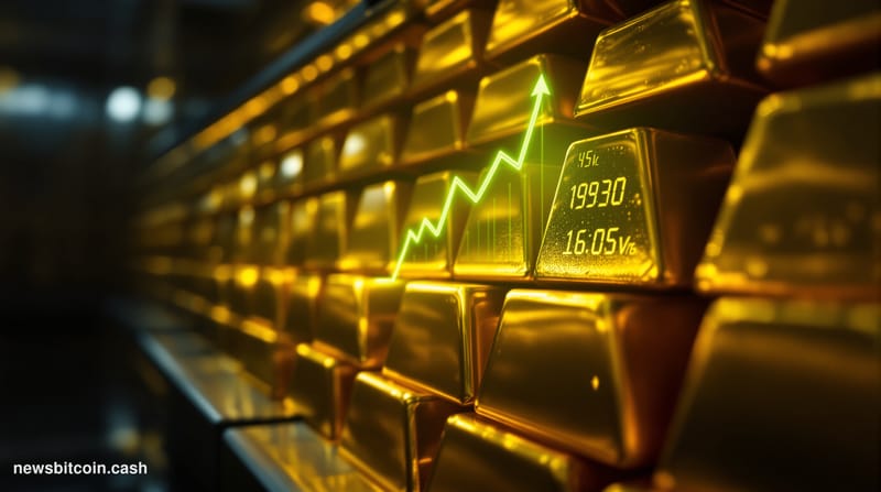 Cinematic photorealistic editorial photograph of gleaming gold bars stacked in a dark vault, with a softly glowing digital in