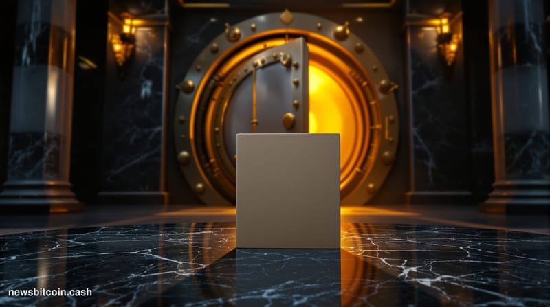 Cinematic photorealistic editorial photograph of a massive stone vault door, partially open, with warm golden light spilling 