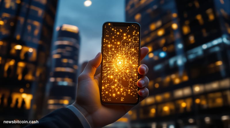 A cinematic photorealistic editorial photograph of a smartphone held in the foreground displaying a glowing TikTok-style chat