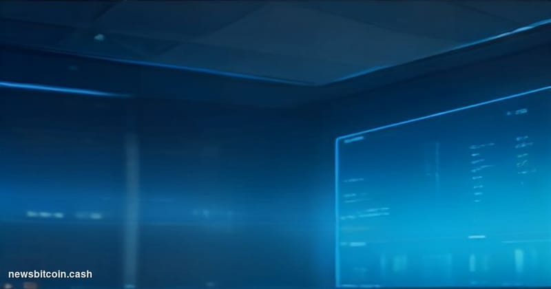 Cinematic photorealistic editorial photograph of a sleek trading floor environment bathed in cool blue and amber light, with 