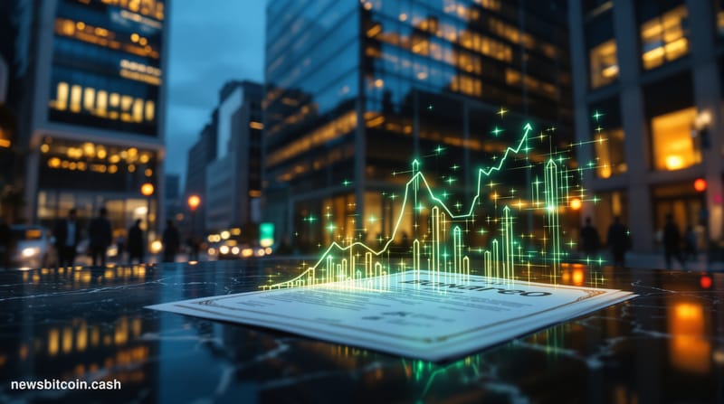 Cinematic photorealistic editorial photograph of a monumental marble-and-glass financial district intersection at dusk, with 