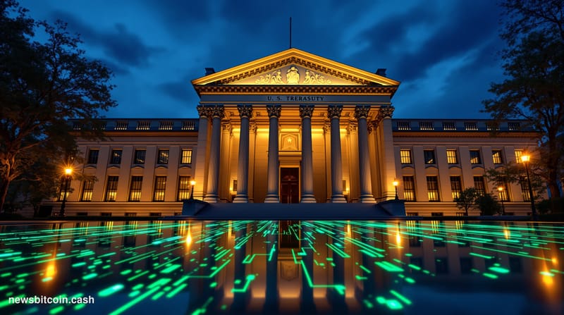 Cinematic photorealistic editorial photograph of the U.S. Treasury Building in Washington D.C. captured at dusk from a low an