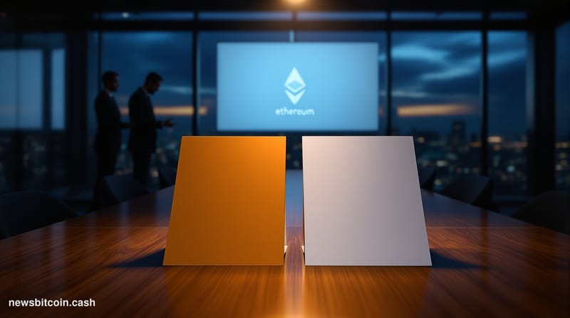 A cinematic photorealistic editorial photograph set inside a sleek, dimly lit financial boardroom with floor-to-ceiling glass