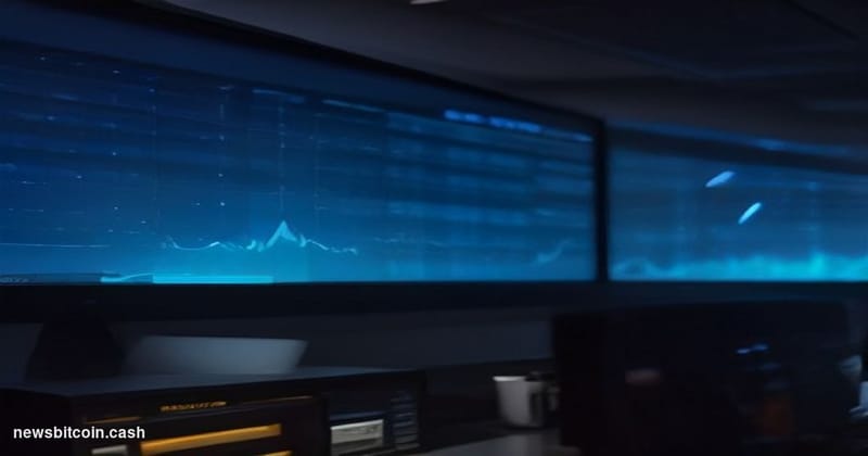 Cinematic photorealistic editorial photograph of a dramatic trading floor environment bathed in deep blue and amber light, wi
