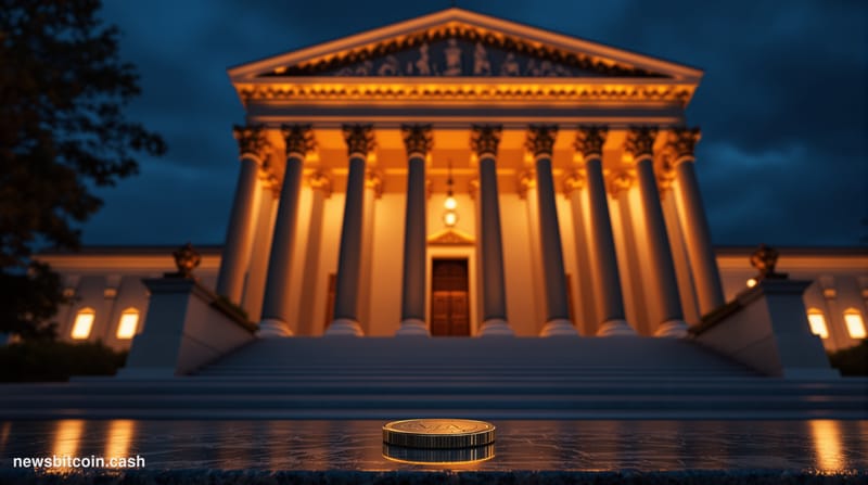 A cinematic photorealistic editorial photograph of the U.S. Department of the Treasury building in Washington D.C., shot from