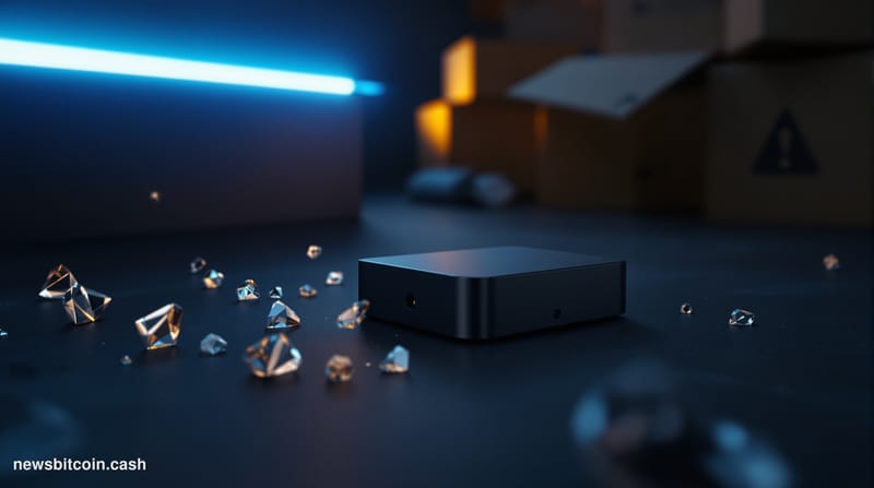 Cinematic photorealistic editorial photograph of a Trezor hardware wallet device resting on a dark matte surface, dramaticall