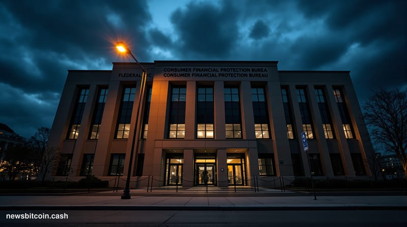 A cinematic photorealistic editorial photograph of the Consumer Financial Protection Bureau headquarters building in Washingt