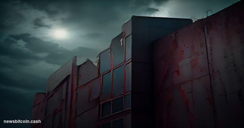 Cinematic photorealistic editorial photograph shot from a low angle looking up at a crumbling gold facade bearing the words "
