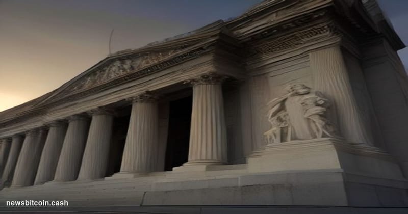Cinematic photorealistic editorial photograph of the U.S. Treasury Department's neoclassical headquarters building in Washing