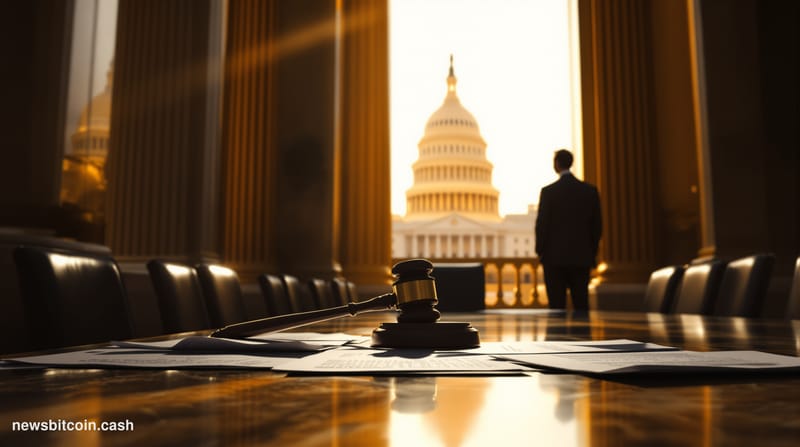 Cinematic photorealistic editorial photograph set inside a dramatic, high-ceilinged Washington D.C. federal building corridor