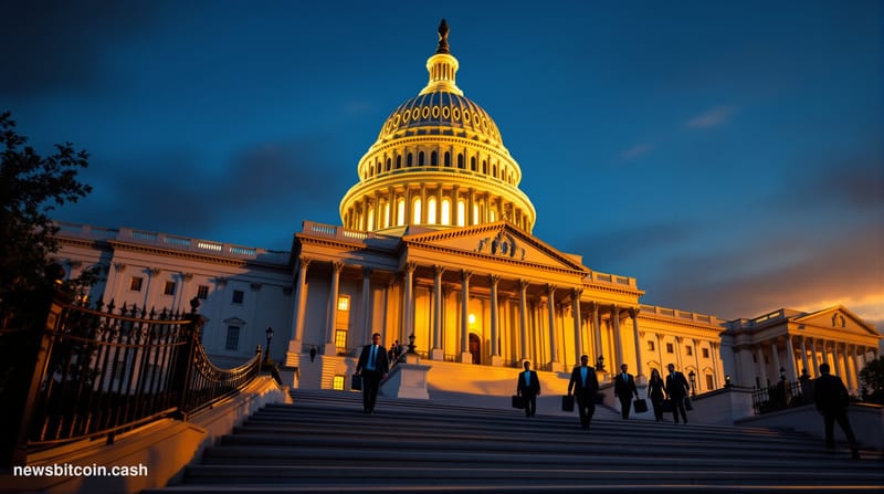 Cinematic photorealistic editorial photograph of the exterior of the United States Capitol building at dusk, dramatic golden-