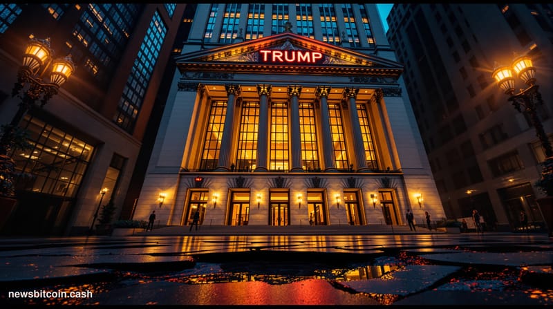 Cinematic photorealistic editorial photograph shot from a low angle looking up at a dramatic marble and glass financial build
