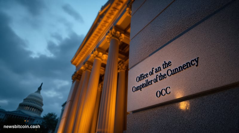 Cinematic photorealistic editorial photograph of the Office of the Comptroller of the Currency headquarters building in Washi
