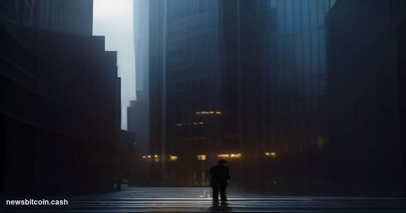 Cinematic photorealistic editorial photograph of a towering glass-and-steel corporate headquarters building shot from a low a
