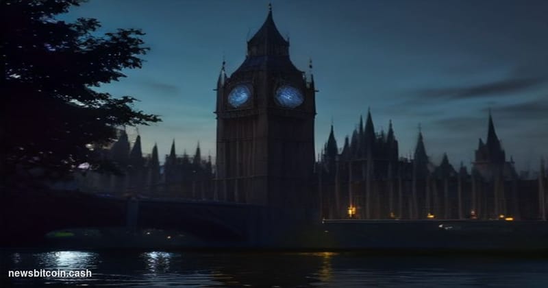 A cinematic photorealistic editorial photograph of the Palace of Westminster in London at dusk, its iconic Gothic towers refl