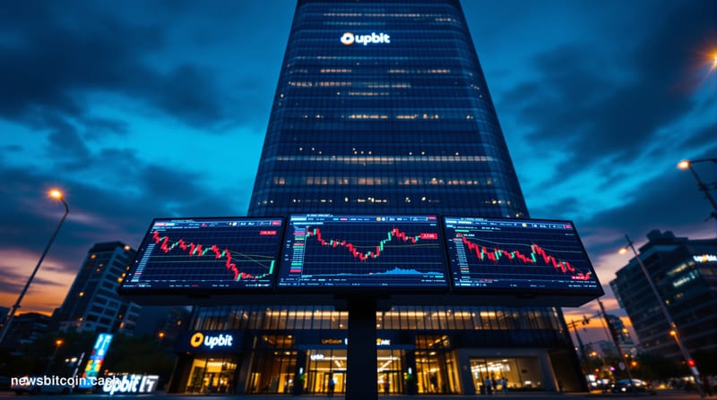 A cinematic photorealistic editorial photograph of the Upbit exchange headquarters in Seoul, South Korea, shot at dusk with d