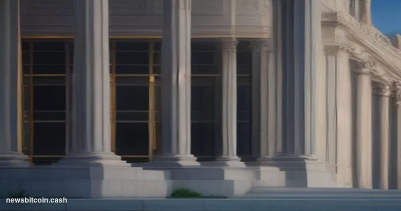 A cinematic photorealistic editorial photograph of the US Treasury Department's iconic neoclassical headquarters in Washingto