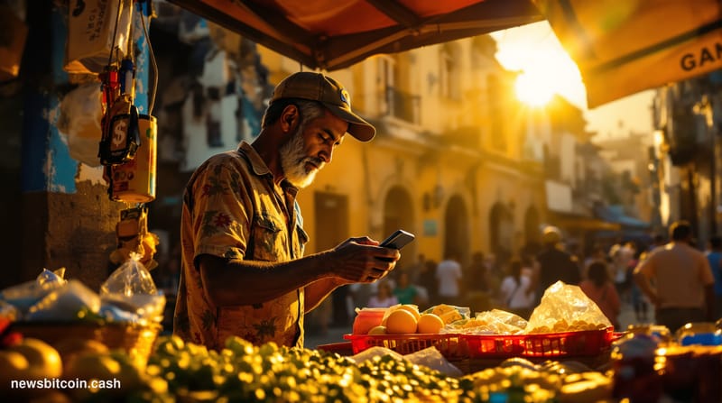 Cinematic photorealistic editorial photograph of a street-level scene in Caracas, Venezuela, with a vendor accepting a mobile