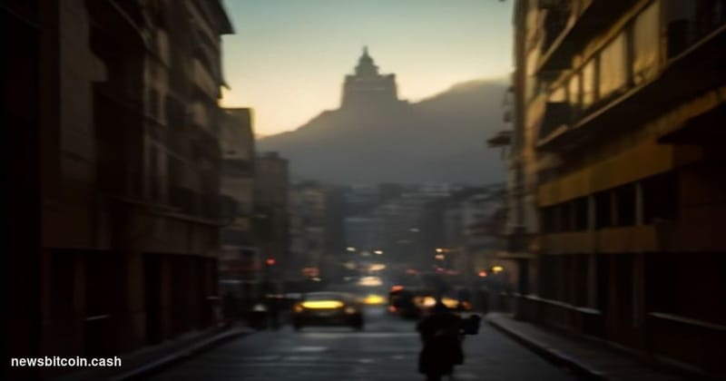 A cinematic photorealistic editorial photograph set in a Caracas street market at dusk, dramatic golden hour light cutting th