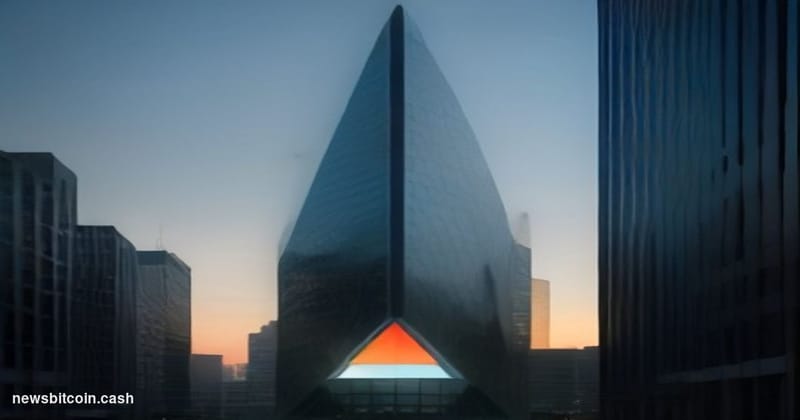 Cinematic photorealistic editorial photograph of a sleek, modern financial district at dusk, with three towering glass corpor