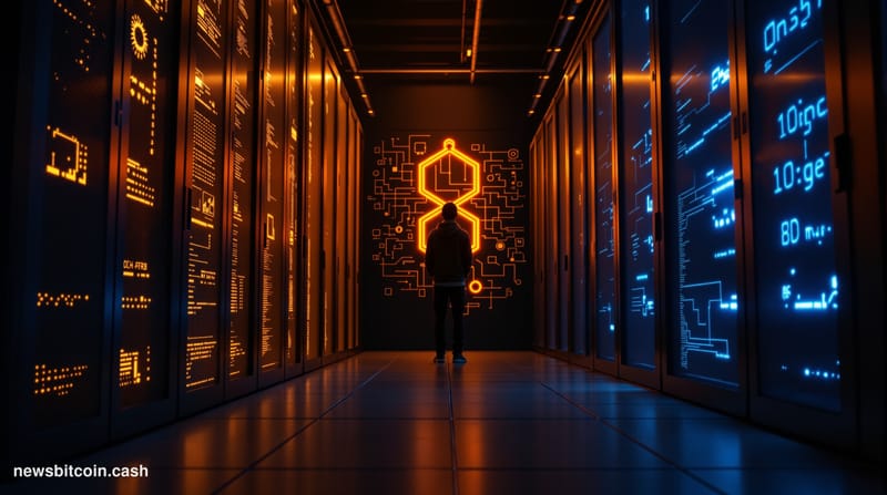A cinematic photorealistic editorial photograph shot at dusk from a low angle, showing two towering server racks side by side