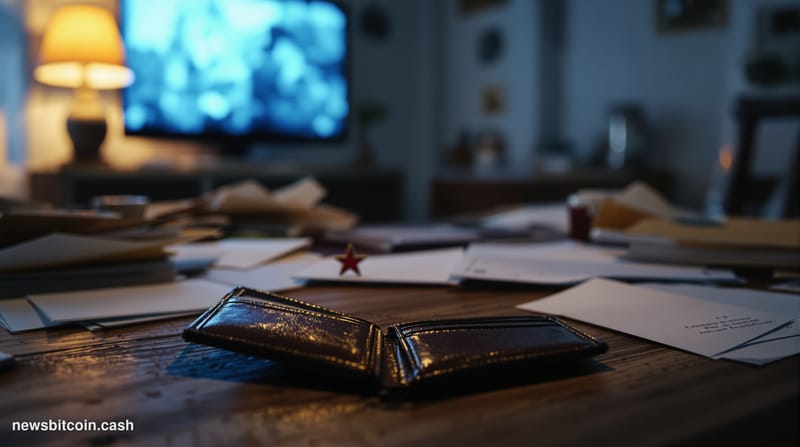 Cinematic photorealistic editorial photograph of a worn American family kitchen table at dusk, dramatic side-lighting from a 