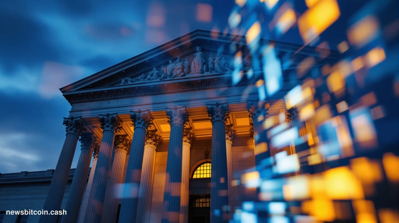 Cinematic photorealistic editorial photograph of the Federal Reserve's Eccles Building in Washington D.C., shot from a low an