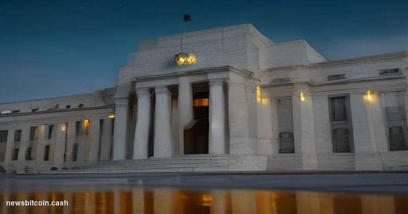 Cinematic photorealistic editorial photograph of the U.S. Federal Reserve building in Washington D.C. at dusk, its neoclassic