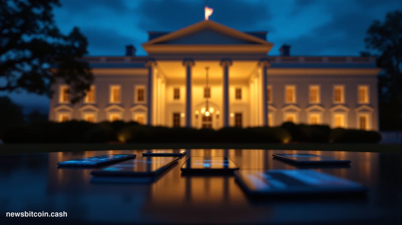 Cinematic photorealistic editorial photograph of the White House's South Portico at dusk, warm amber light spilling from inte