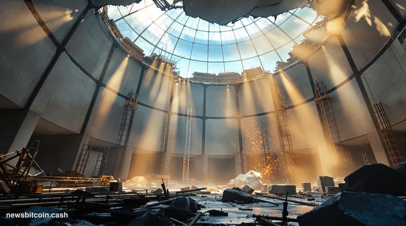 Cinematic photorealistic editorial photograph of a cracked but still-standing concrete financial exchange floor, with shatter