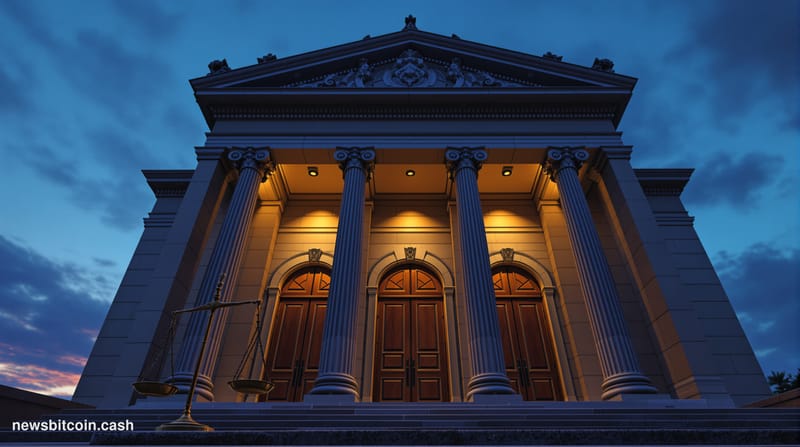 Cinematic photorealistic editorial photograph of a grand neoclassical bank building facade at dusk, with warm amber interior 
