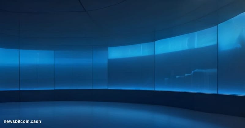 Cinematic photorealistic editorial photograph of a sleek institutional financial trading floor at dusk, shot from a low-angle