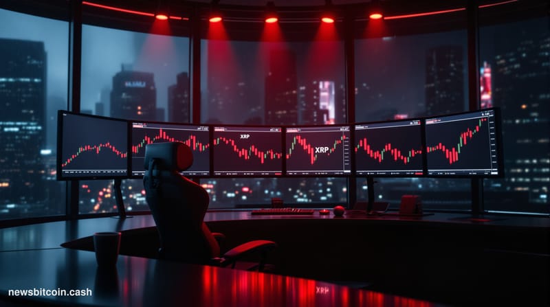 Cinematic photorealistic editorial photograph of a trading floor environment at night, dramatically lit with deep red and amb