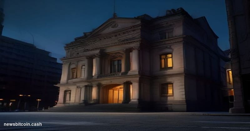 Cinematic photorealistic editorial photograph of the Bank of Japan's imposing stone headquarters in Tokyo's Nihonbashi distri