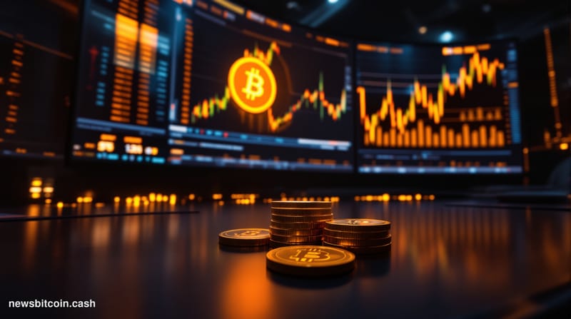 A cinematic photorealistic editorial photograph set in a dimly lit, high-tech trading floor environment, featuring a large cu