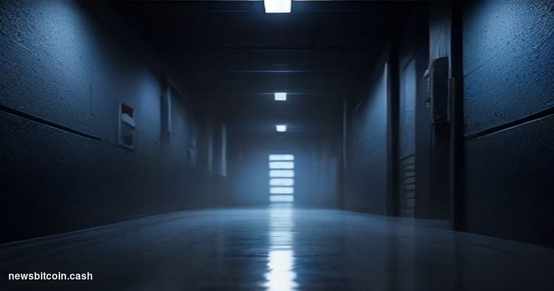 Cinematic photorealistic editorial photograph shot at low angle, looking up at a dark, rain-slicked server room corridor with