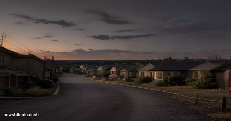 A cinematic photorealistic editorial photograph of a distressed suburban American neighborhood at dusk, rows of identical hou