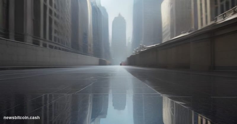 Cinematic photorealistic editorial photograph of a grand marble-clad financial district corridor — evoking Wall Street's icon