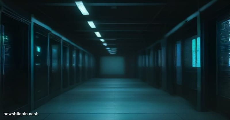 Cinematic photorealistic editorial photograph of a dimly lit server room corridor with deep teal and amber lighting, shallow 