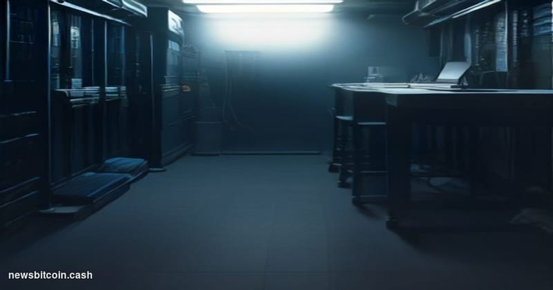 Cinematic photorealistic editorial photograph of a dimly lit server room interior with cold blue lighting casting long shadow