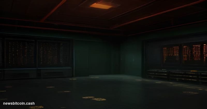 Cinematic photorealistic editorial photograph of a stark, dimly lit server room interior with physical Bitcoin gold coins sca