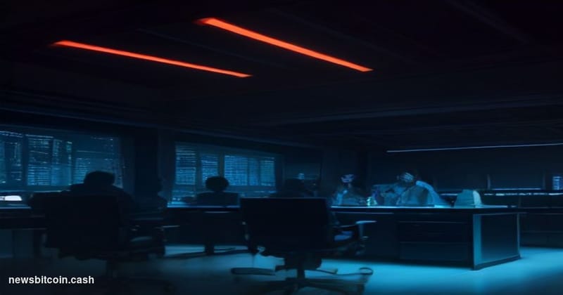 Cinematic photorealistic editorial photograph set inside a dimly lit server room evoking a high-stakes cyber negotiation, wit