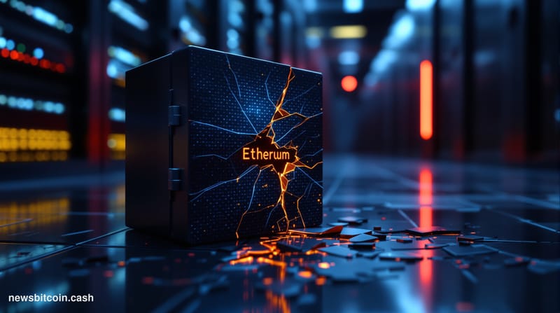 Cinematic photorealistic editorial photograph of a cracked digital vault door rendered as a physical object on a dark server 