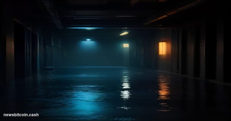 A cinematic photorealistic editorial photograph depicting a cracked and partially submerged digital vault door emerging from 