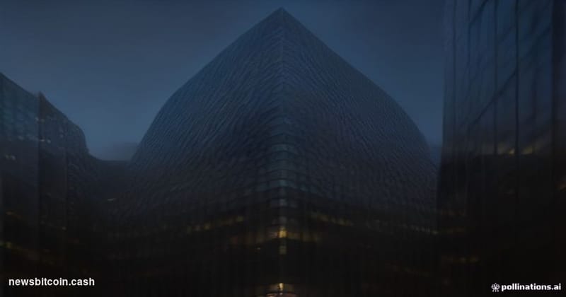 Cinematic photorealistic editorial photograph of a sleek corporate headquarters building in a major U.S. financial district, 
