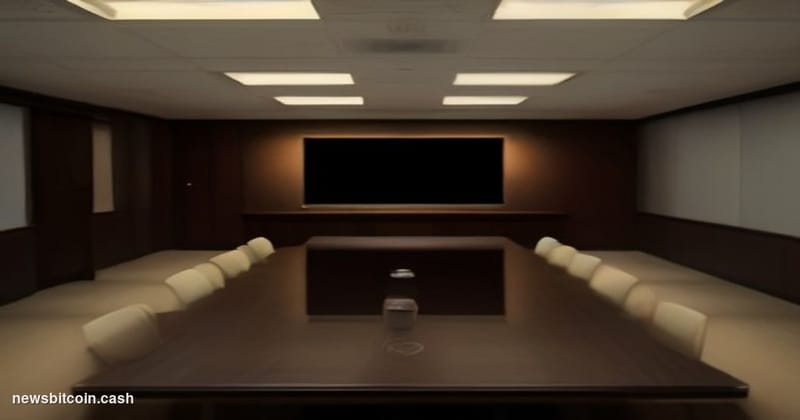 Cinematic photorealistic editorial photograph of a tense corporate boardroom confrontation scene, shot from a low angle looki