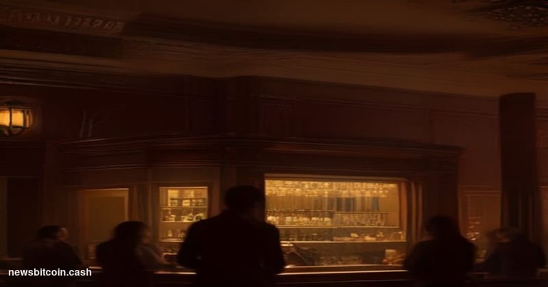 A cinematic photorealistic editorial photograph set inside a grand, dimly lit AMC movie theater lobby — the iconic red AMC si