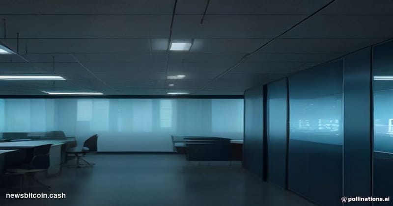 Cinematic photorealistic editorial photograph of a sleek, modern institutional banking floor at dusk, lit by cool blue-white 