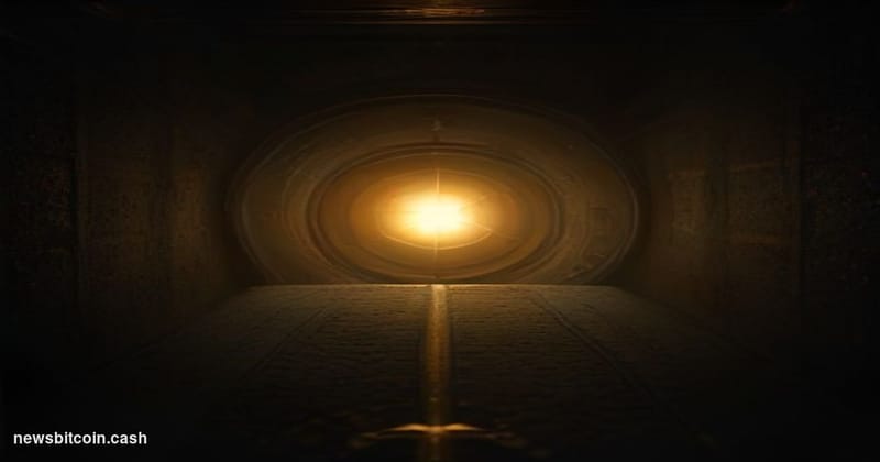 Cinematic photorealistic editorial photograph shot from a low angle looking up at an old, weathered safe-deposit box vault do