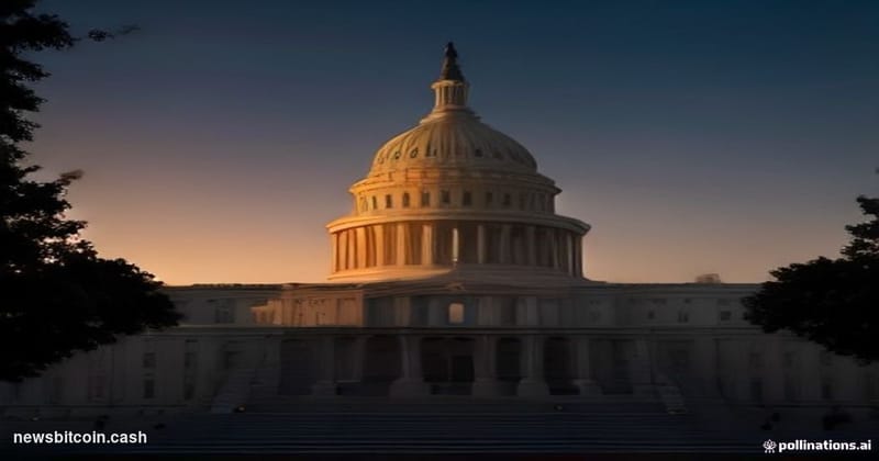 Cinematic photorealistic editorial photograph of the U.S. Capitol building at dusk, shot from a low angle with a wide-angle l